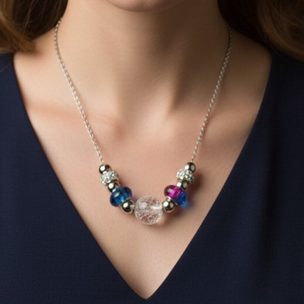 Pretty Handmade Turquoise Pink Fashion Jewelry Silver Tone Bead & Chain Necklace